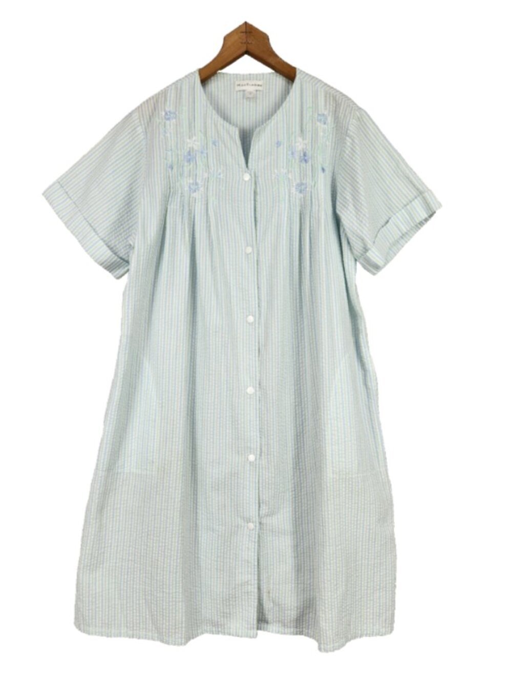 Miss Elaine Seersucker Snap Front Housecoat Women M Blue Embroidered Floral